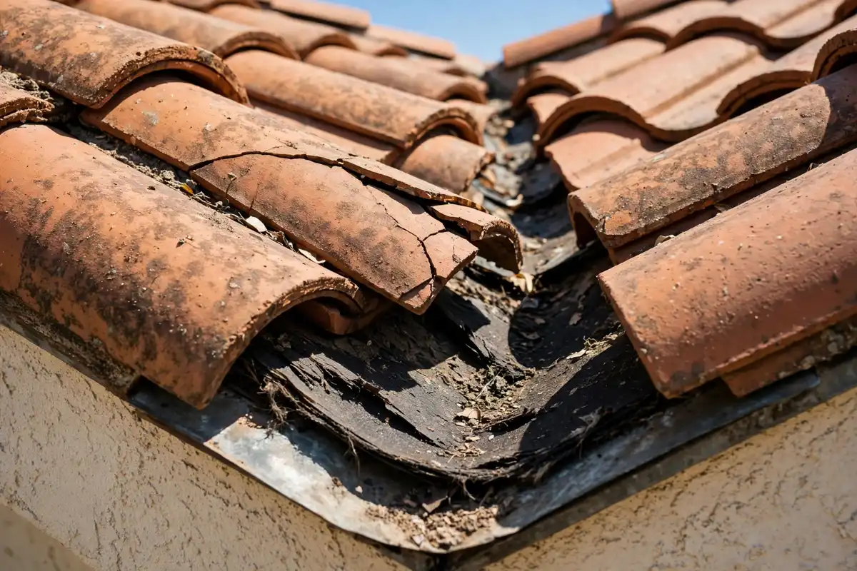 Close-up of a cracked terracotta tile in Woodland Hills, California