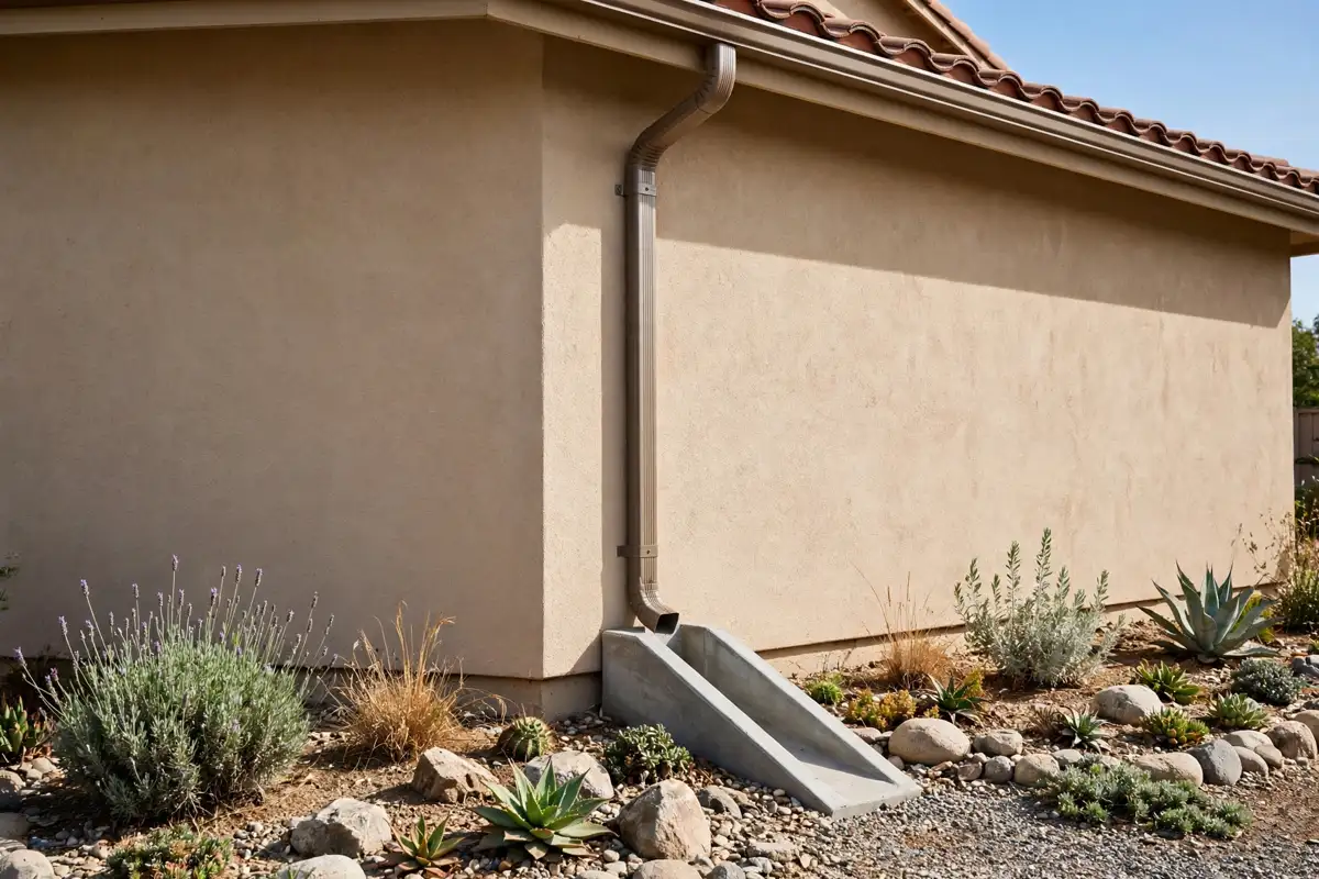 Downspout drainage beside a home in West Hills, California