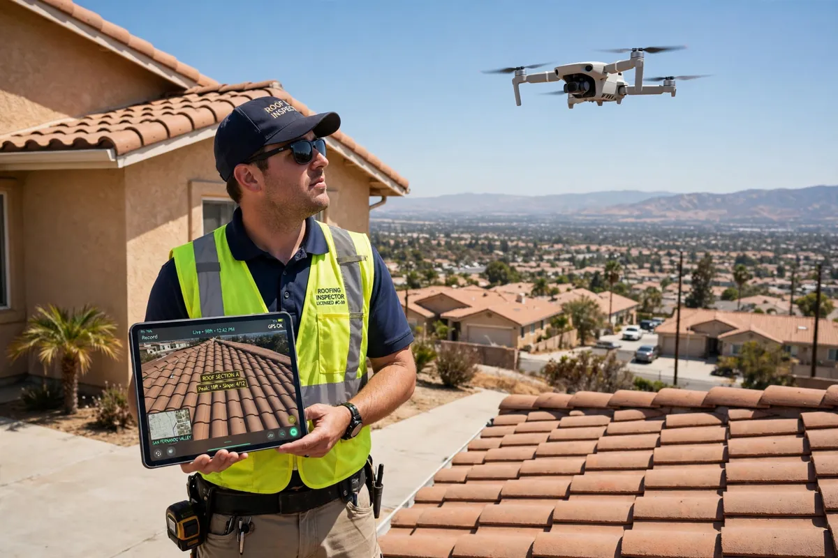 Drone roof inspection over a home in West Hills, California