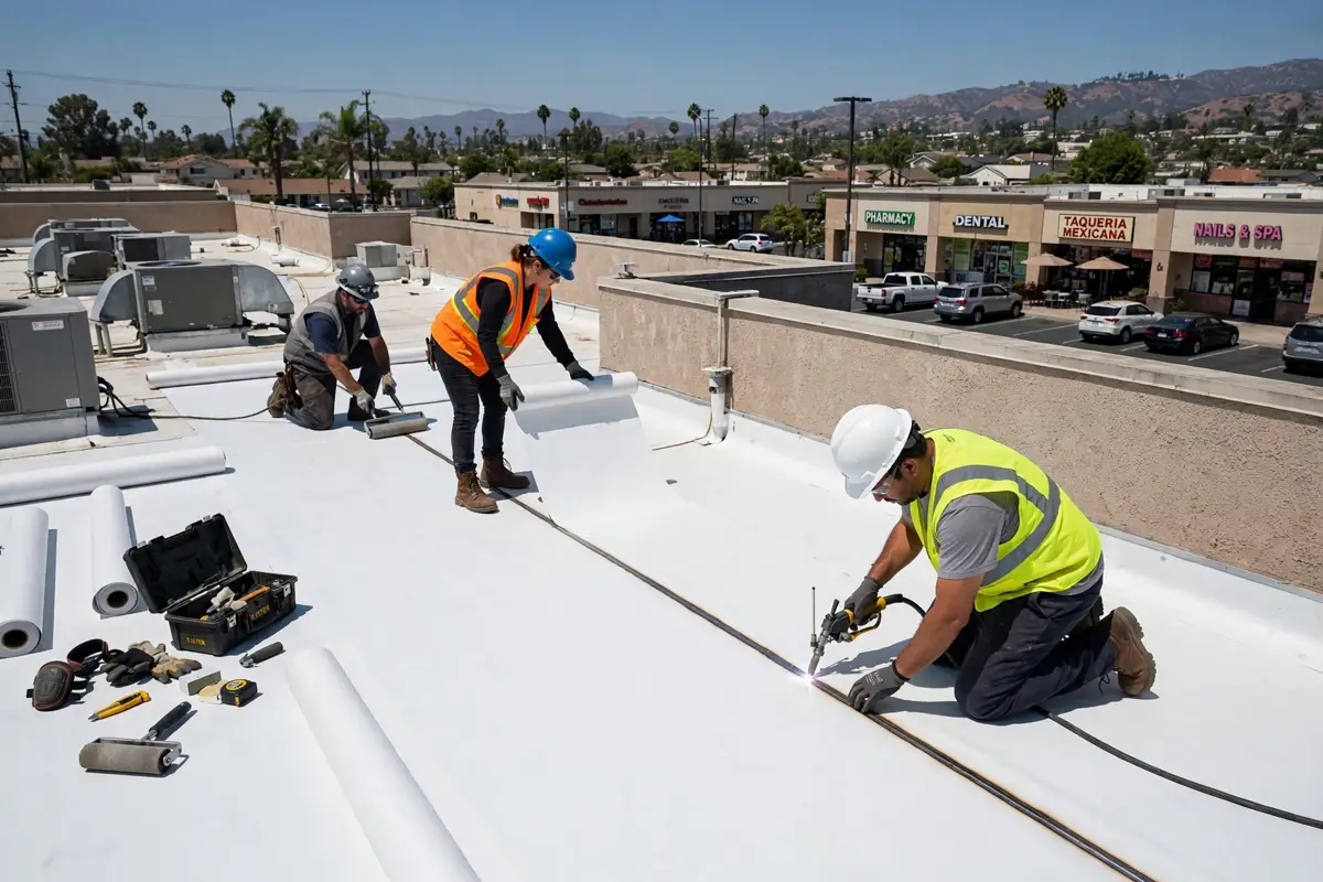 Workers installing white TPO membrane on a flat commercial roof in West Hills, California