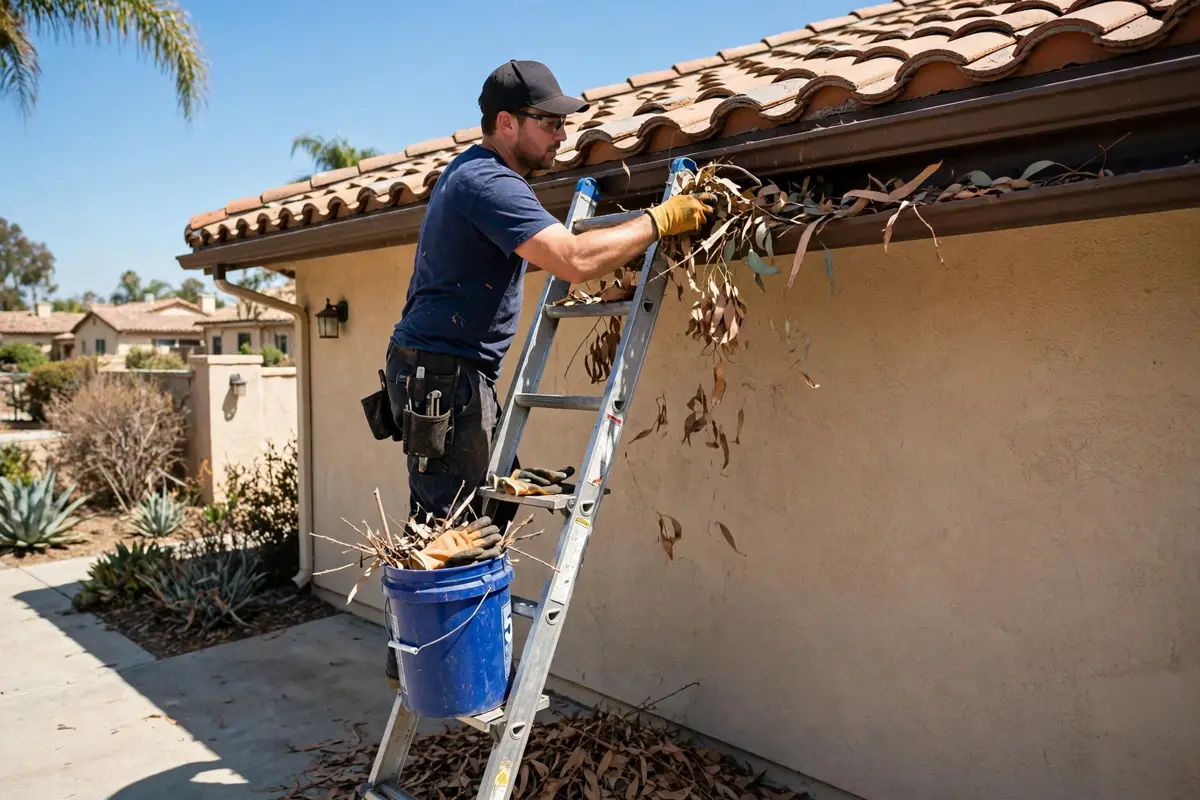 Clearing dry leaves and debris from a gutter in West Hills, California