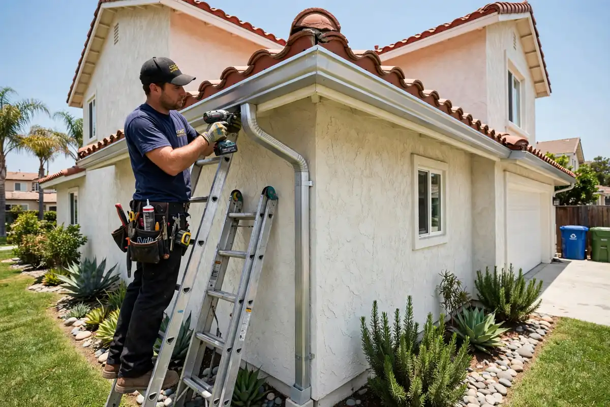 Seamless gutter installation along a tile roof eave in West Hills, California