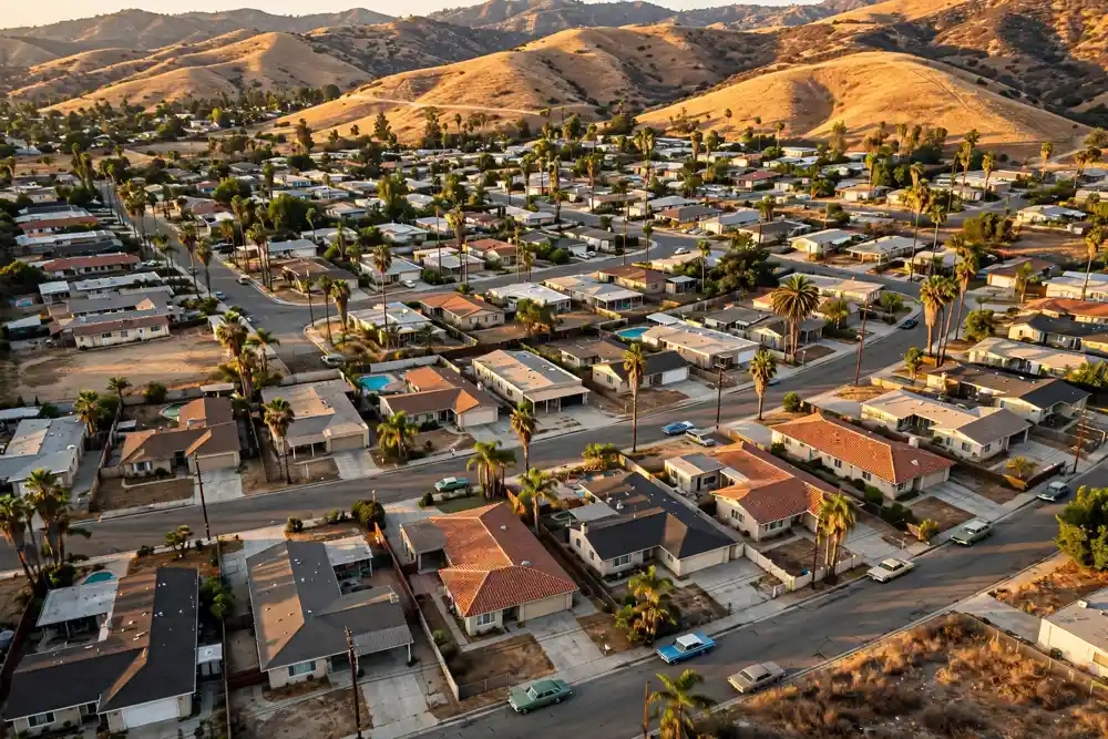 Aerial view of a 1960s tract neighbourhood in Roscoe, California