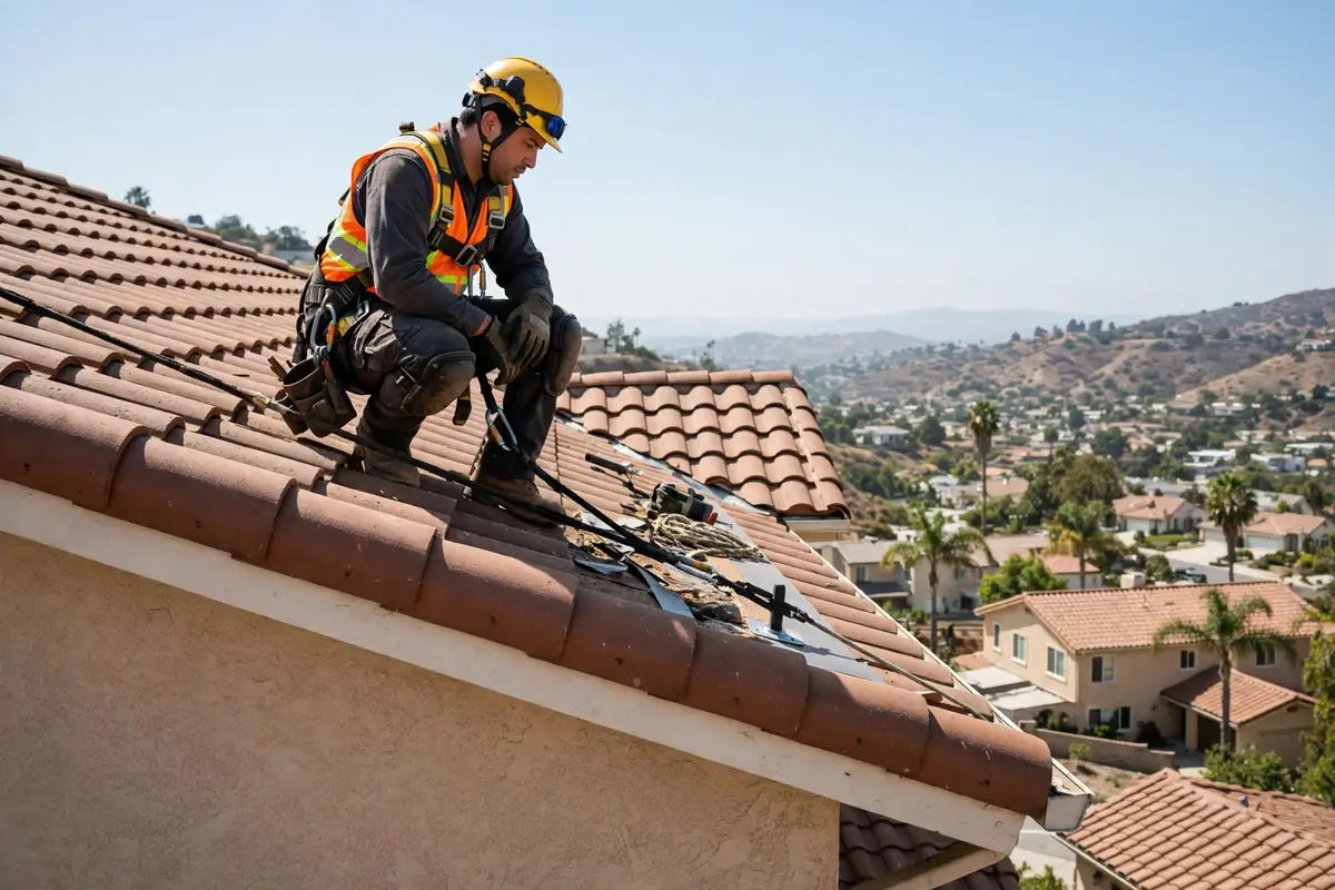 Roofer in safety harness and hard hat on a roof in West Hills, California