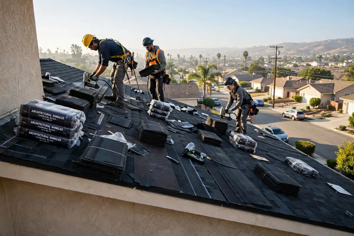 Roofing crew installing asphalt shingles in West Hills, California