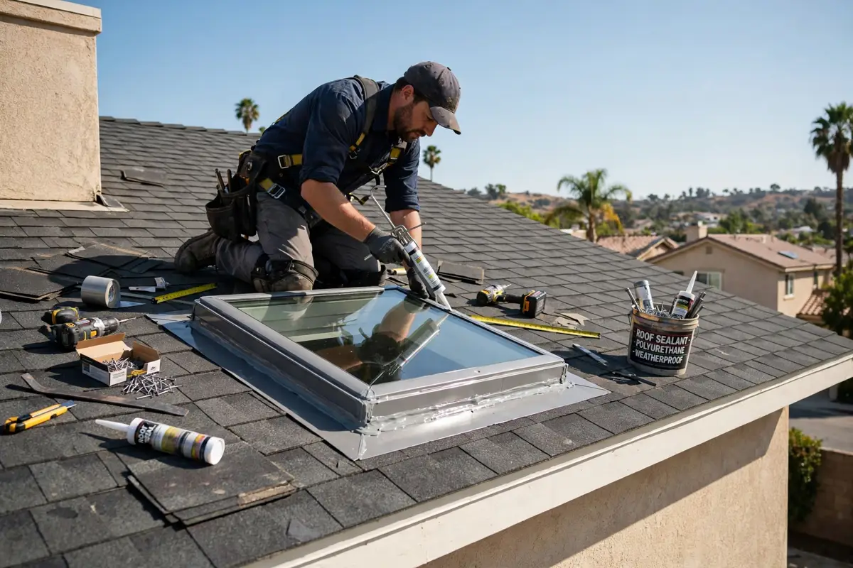 Skylight installation with new flashing on a shingle roof in West Hills, California