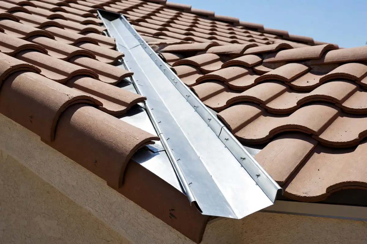 Valley flashing detail on a roof in West Hills, California