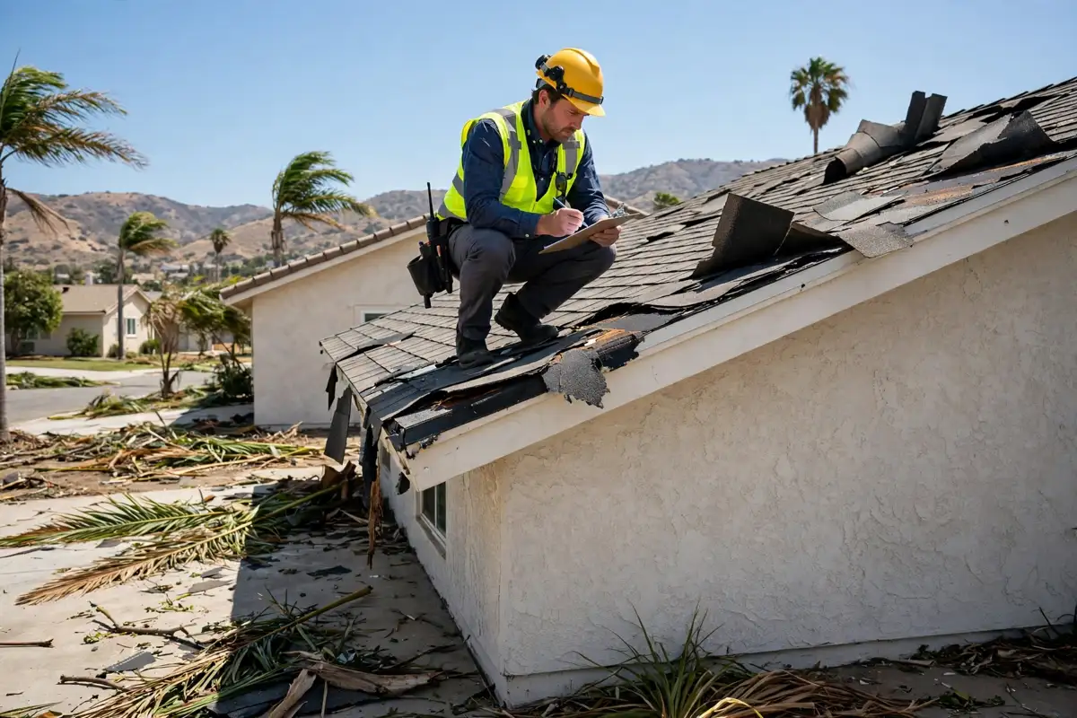 Inspection of wind-lifted shingles after Santa Ana wind in West Hills, California